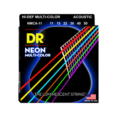 DR Strings NMCA-11 Hi-Def Neon Multi-Color K3 Coated Acoustic Guitar Strings, Custom Light, 11-50