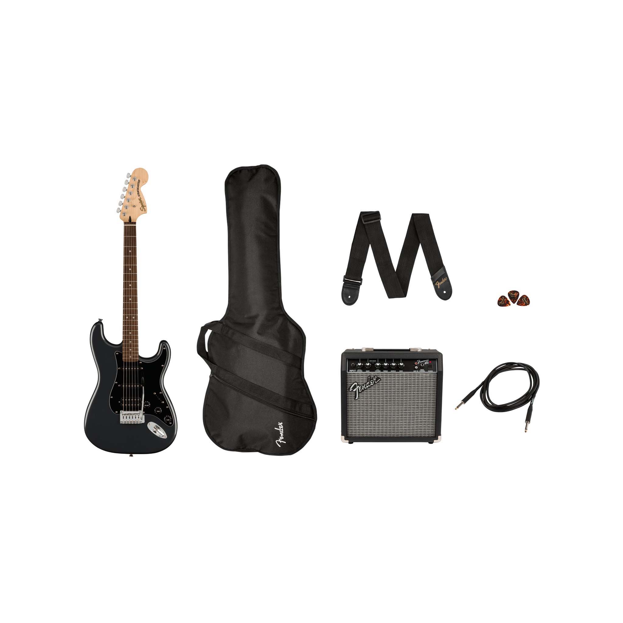 Squier Affinity Series HSS Stratocaster Guitar Pack, Laurel FB, Charcoal Frost Metallic, 230V, UK