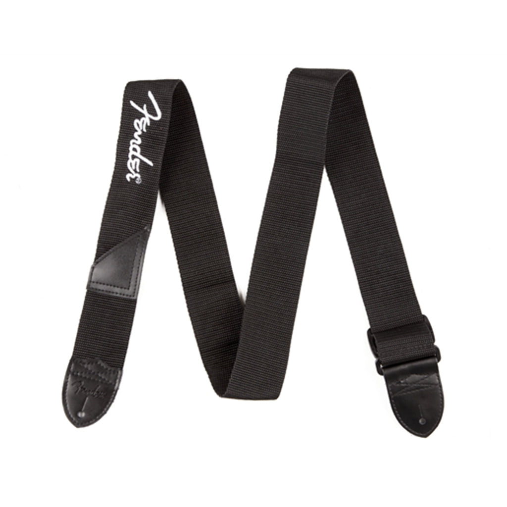 Fender 2 Inch Black Poly Strap, Black with White Fender Logo