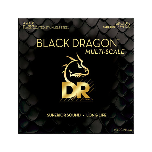 DR Strings DBSMB5-45 Black Dragon MultiScale Coated Black Steel 5String Bass Strings, Medium, 45-125
