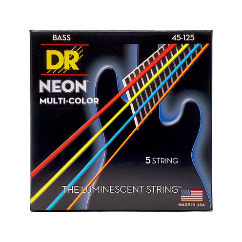 DR Strings NMCB5-45 Hi-Def Neon Multi-Color K3 Coated 5-String Bass Guitar Strings, Medium, 45-125