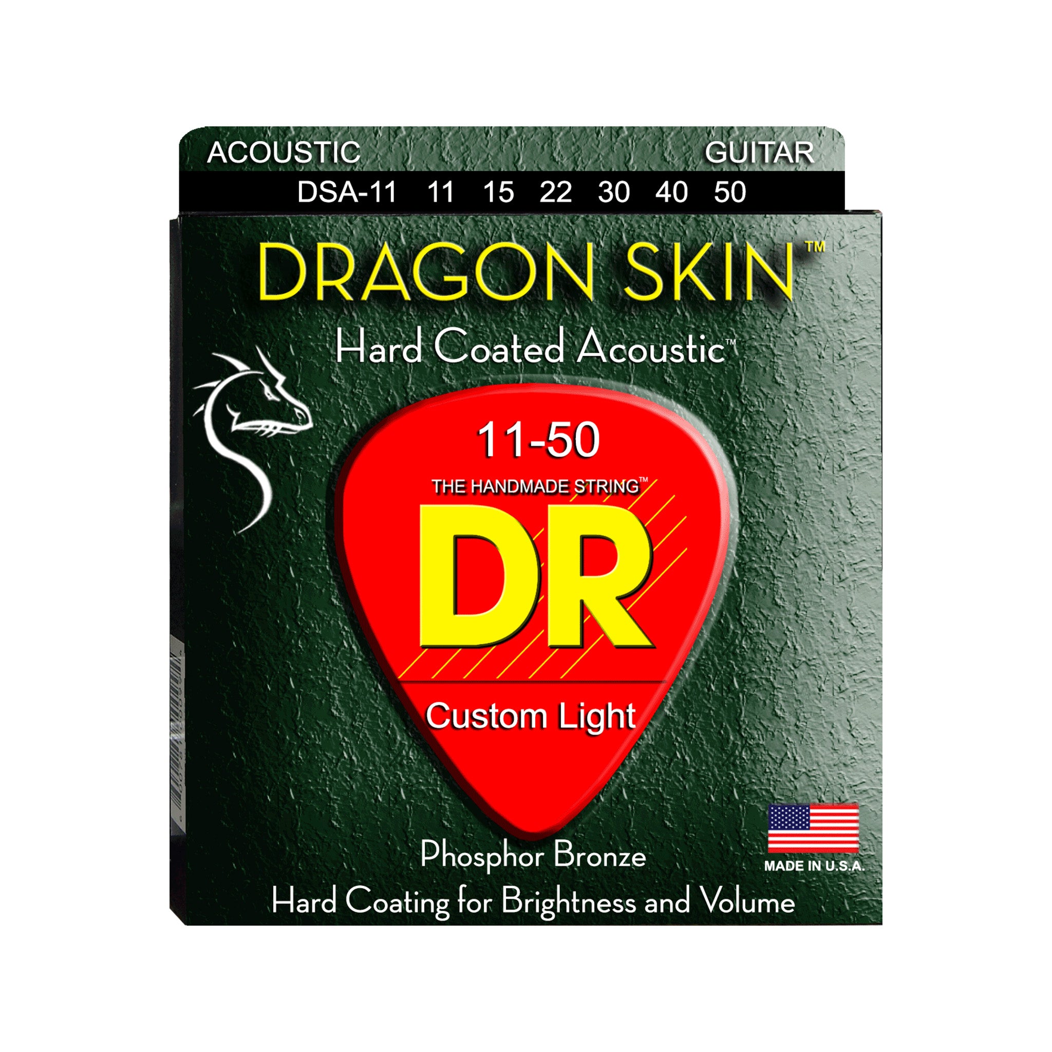 DR Strings DSA-11 Dragon-Skin Phosphor Bronze Coated Acoustic Guitar Strings, Custom Light, 11-50