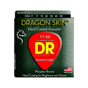 DR Strings DSA-11 Dragon-Skin Phosphor Bronze Coated Acoustic Guitar Strings, Custom Light, 11-50