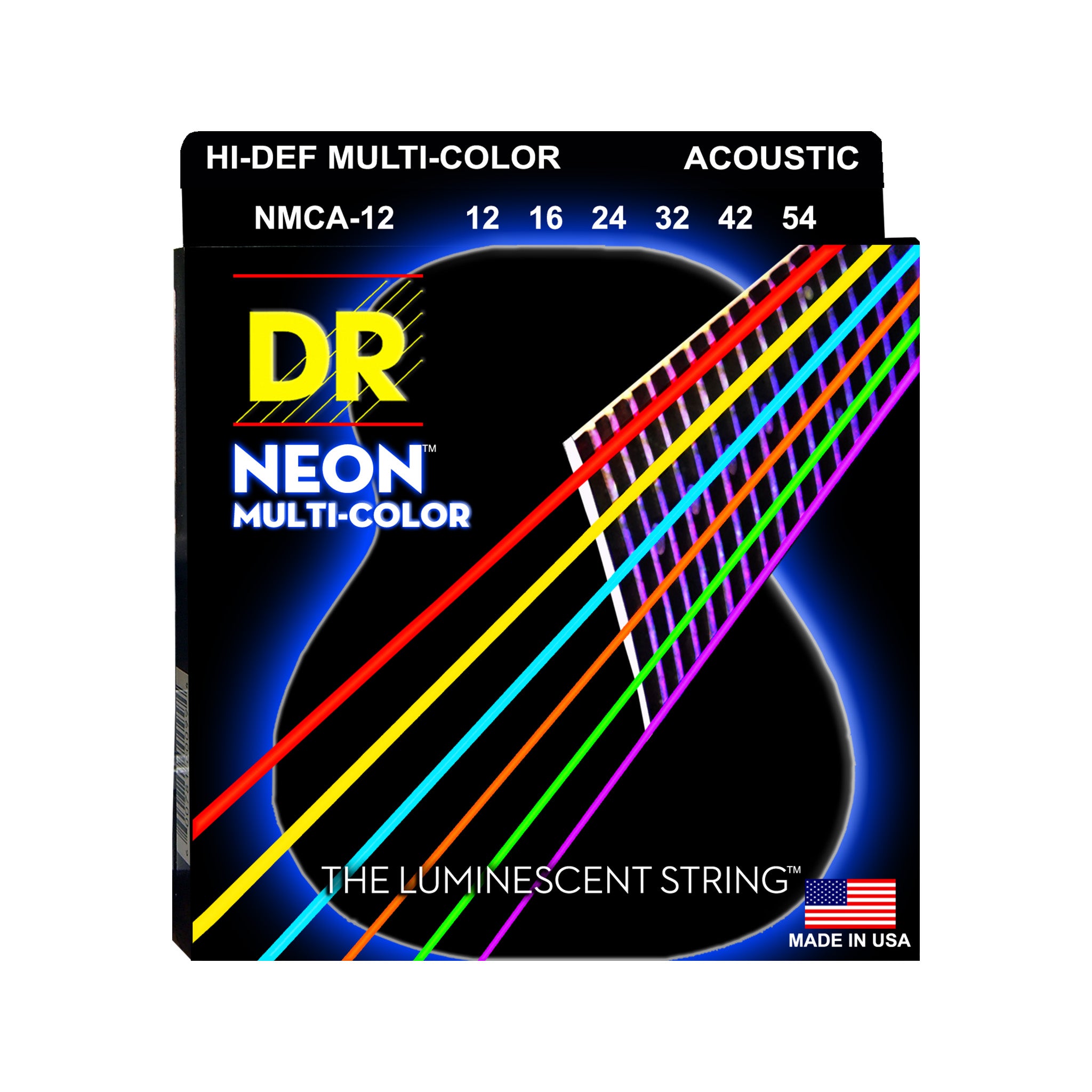 DR Strings NMCA-12 Hi-Def Neon Multi-Color K3 Coated Acoustic Guitar Strings, Light, 12-54