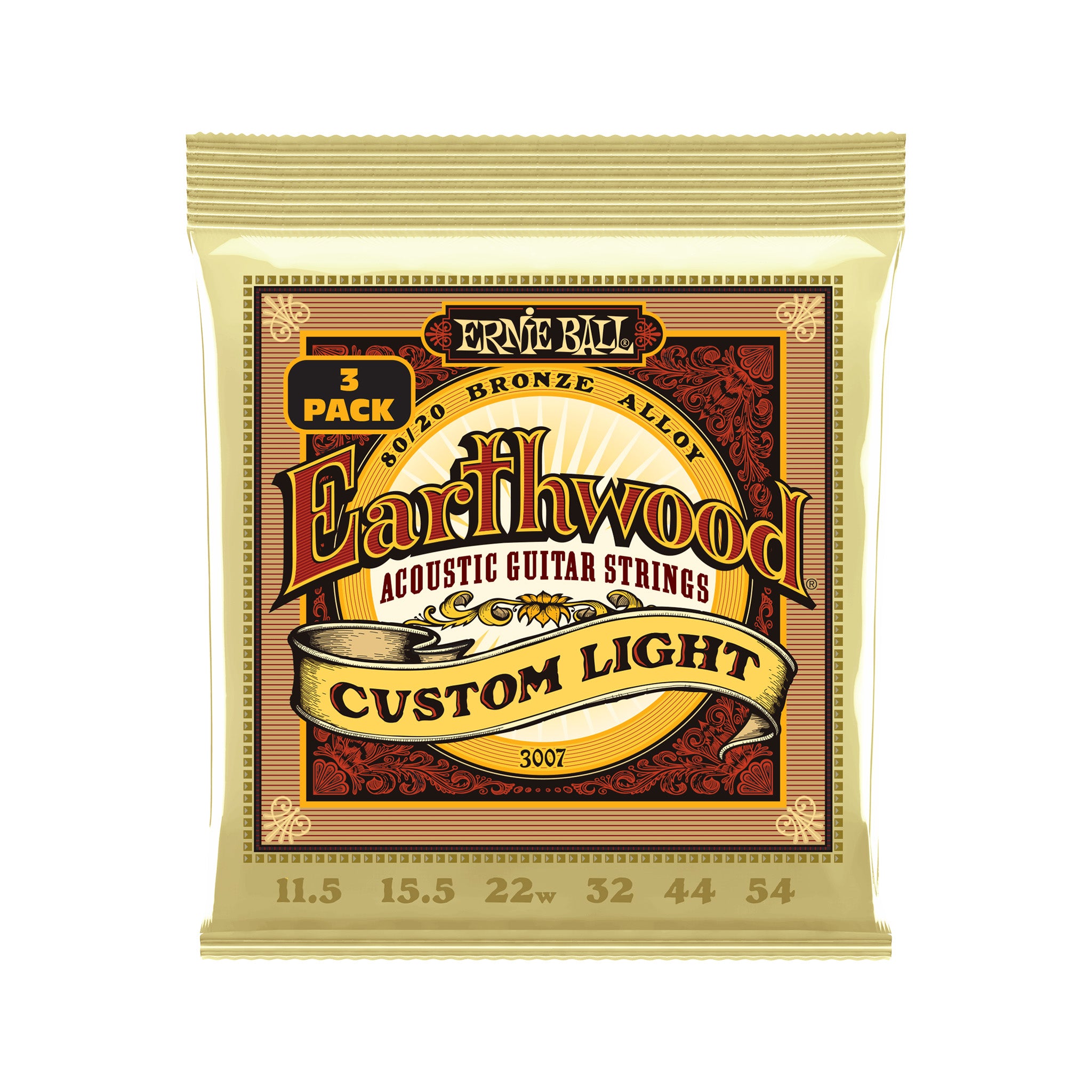 Ernie Ball Earthwood Custom Light 80/20 Bronze Acoustic Guitar Strings, 11.5-54, 3-Pack