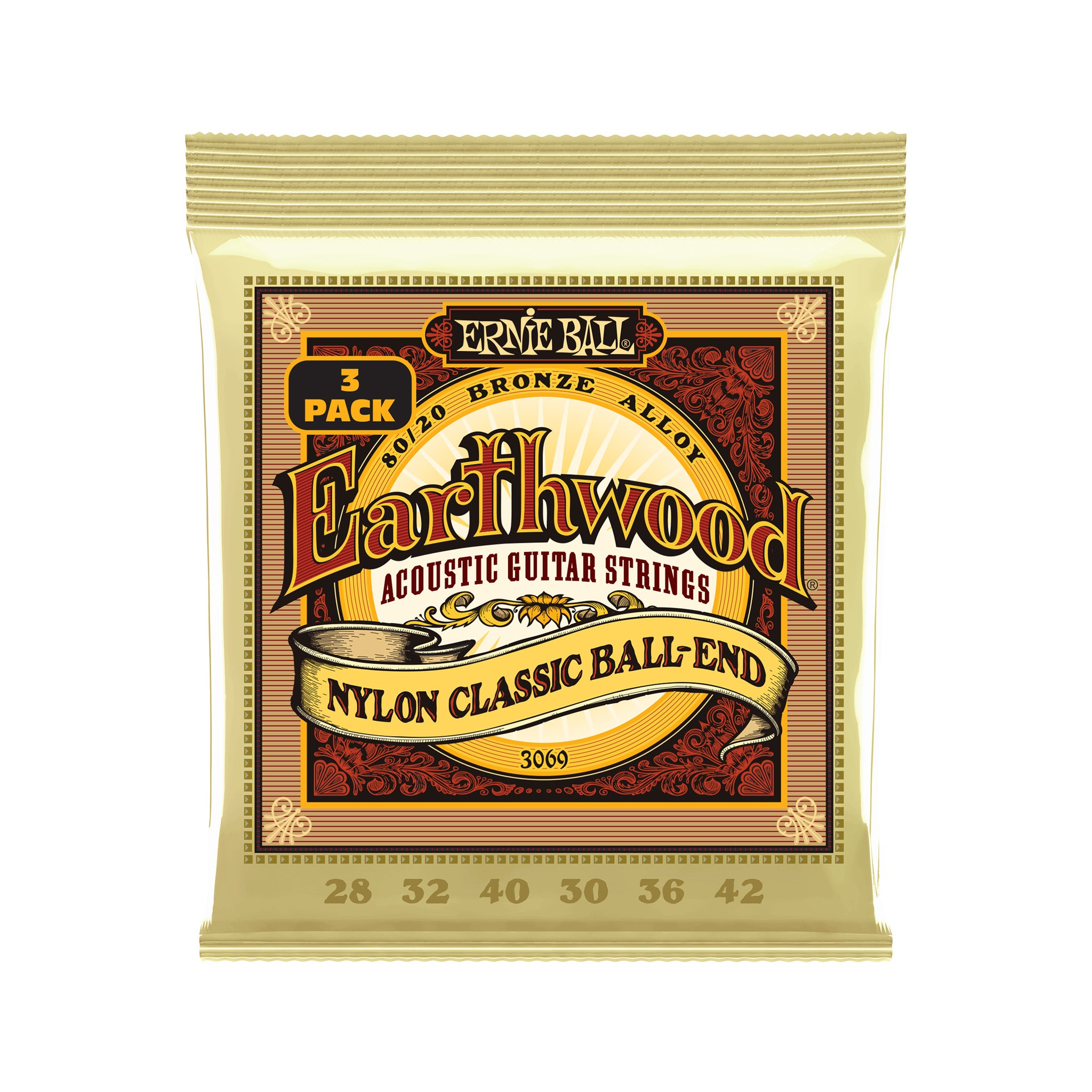 Ernie Ball Earthwood 80/20 Bronze Folk Nylon Classical Guitar Strings, 28-42, 3-Pack