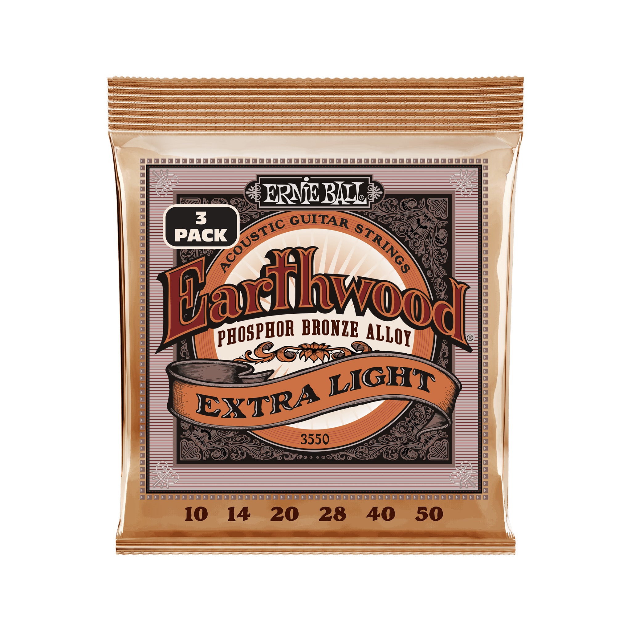 Ernie Ball Earthwood Extra Light Phosphor Bronze Acoustic Guitar Strings, 10-50, 3-Pack