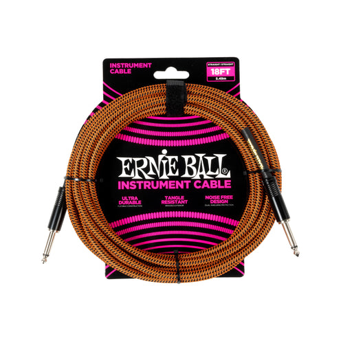 Ernie Ball Braided 18ft Straight to Straight Instrument Cable, Pumpkin Pie