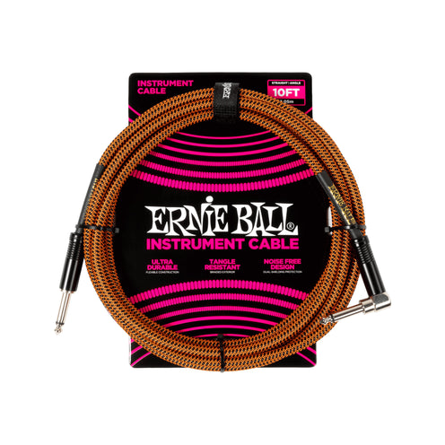 Ernie Ball Braided 10FT Straight to Angle Instrument Cable, Pumpkin Pie