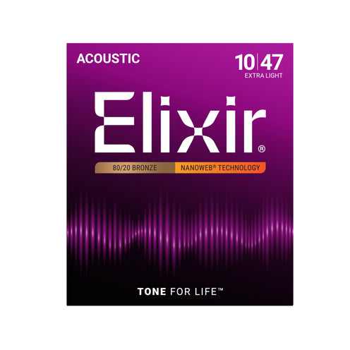 Elixir 11002 Nanoweb 80/20 Bronze Acoustic Guitar Strings, Extra Light, 10-47