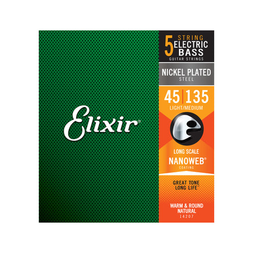 Elixir 14207 Nanoweb Light/Med Long Scale 5-String Electric Bass Strings 45-135