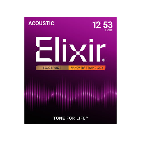 Elixir 16539 Nanoweb 80/20 Bronze Light Acoustic Guitar Strings, 12-53, 3-Pack