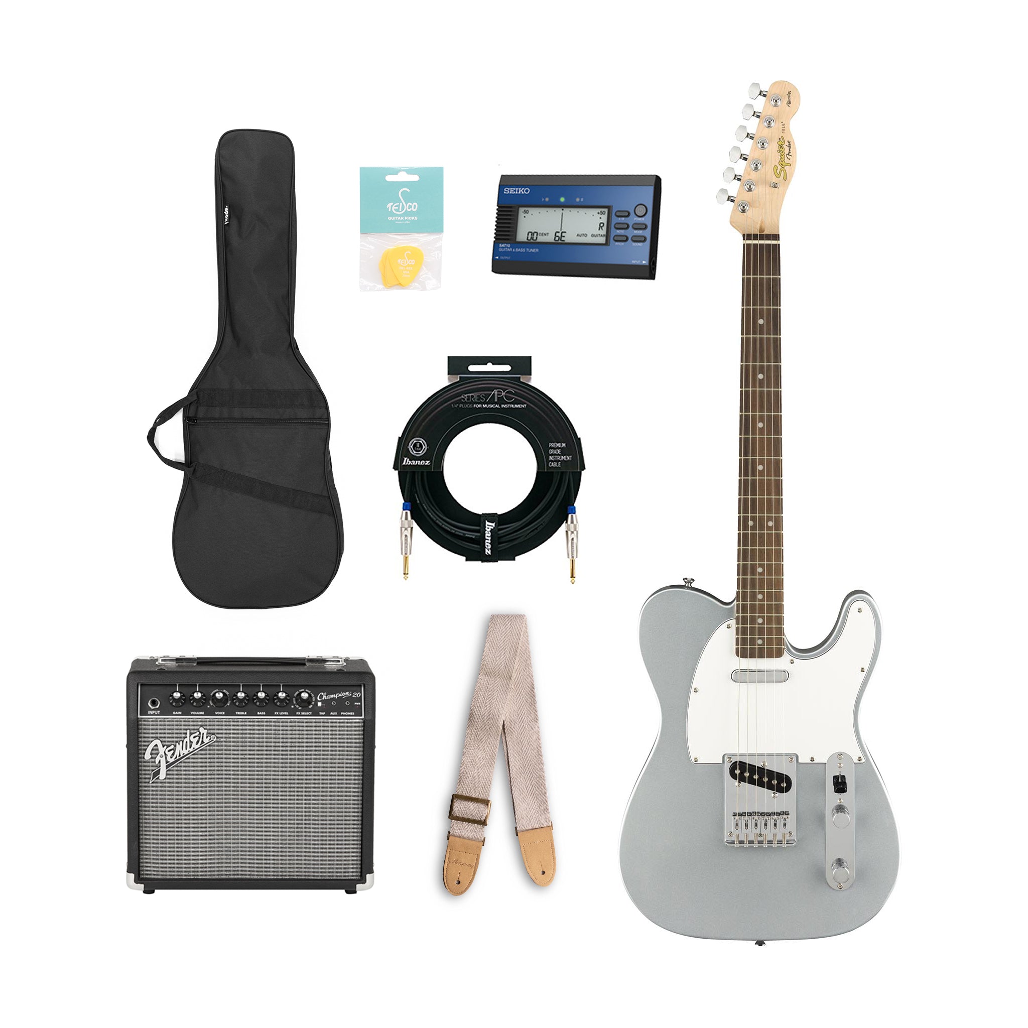 Squier Affinity Telecaster Electric Guitar Starter Bundle, Slick Silver