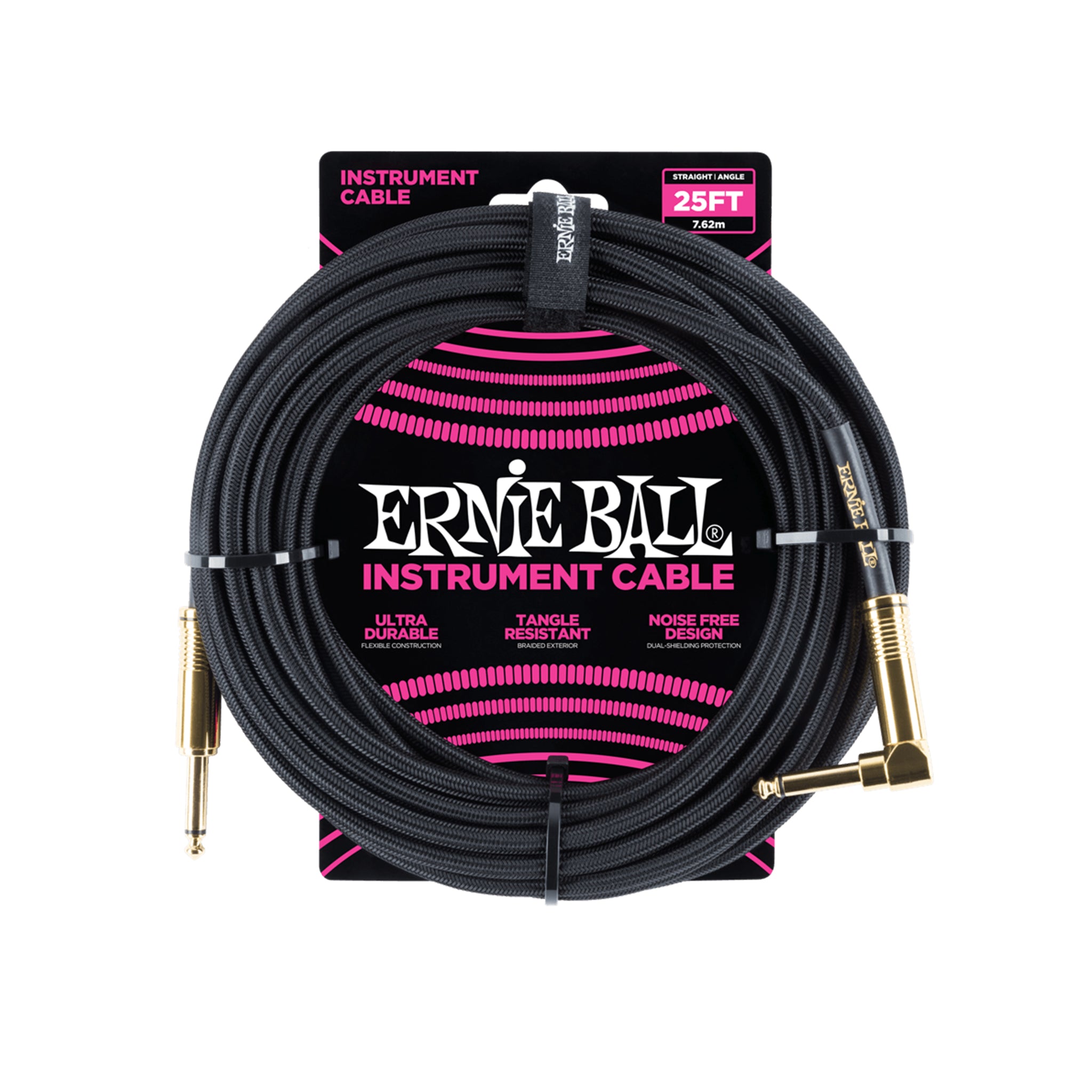 Ernie Ball 25' Braided Straight to Angle Instrument Cable, Black