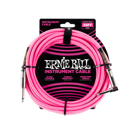 Ernie Ball 25FT Braided Straight to Angle Instrument Cable, Neon Pink