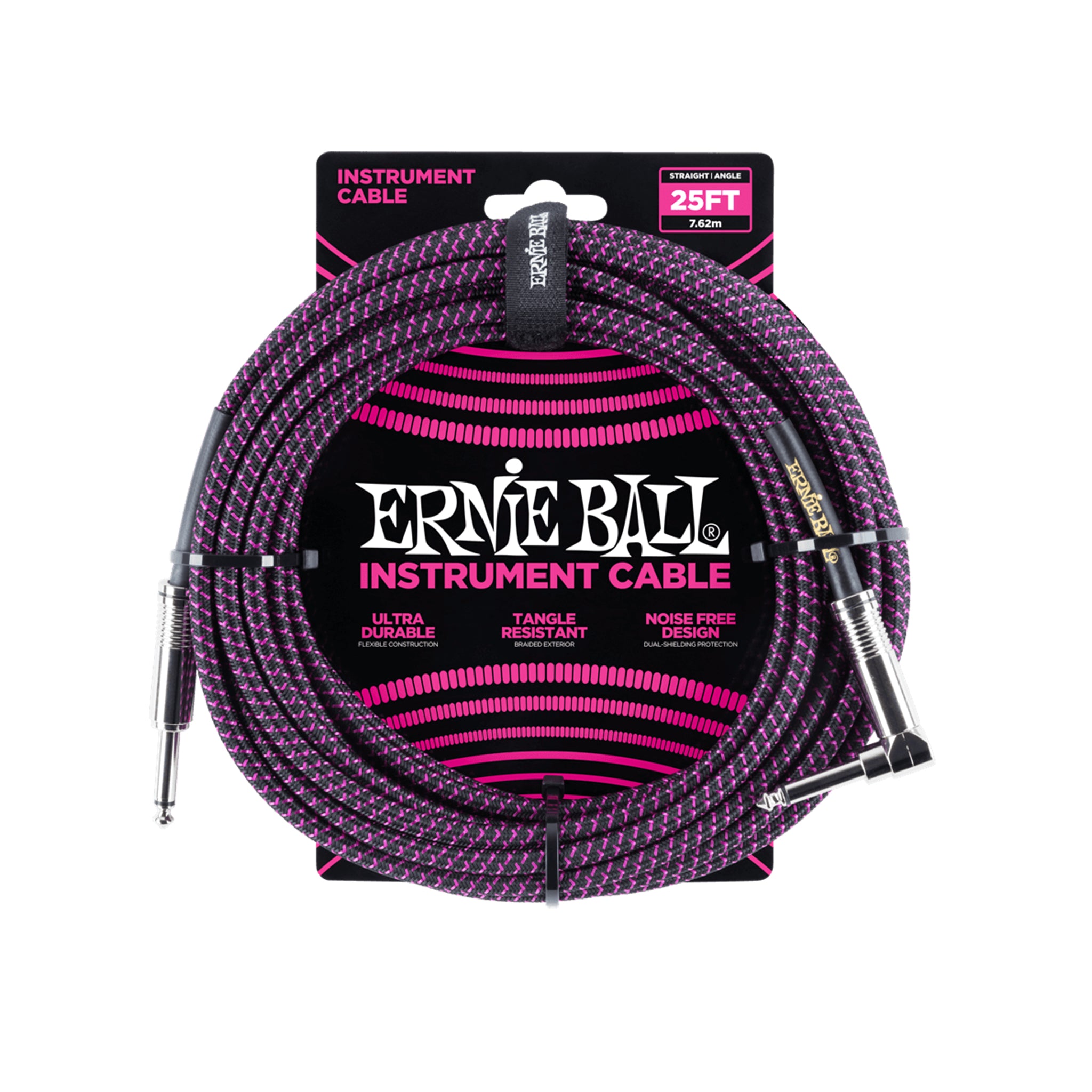 Ernie Ball 25ft Braided Straight to Angle Instrument Cable, Black/Purple