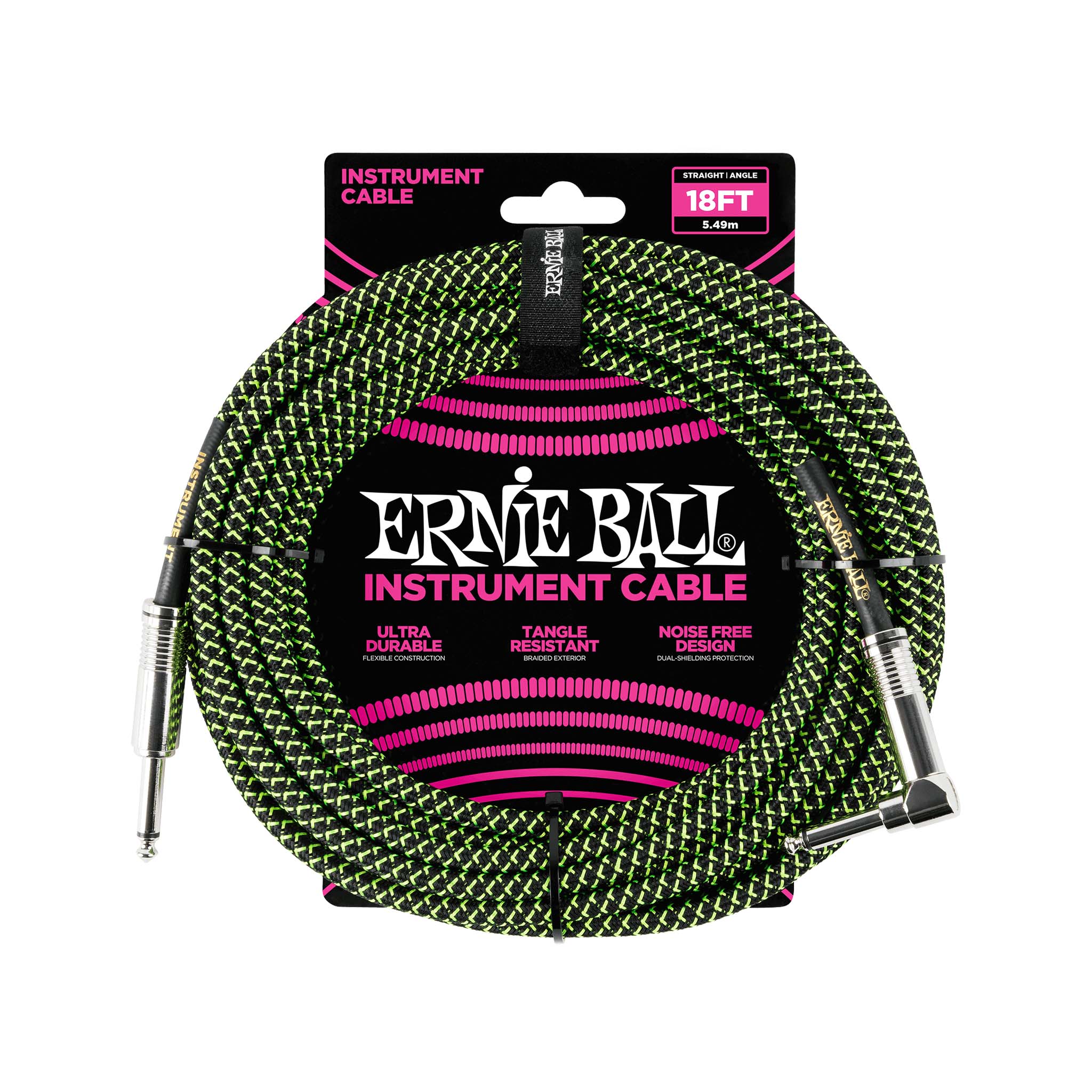 Ernie Ball 18ft Braided Straight to Angle Instrument Cable, Black/Green