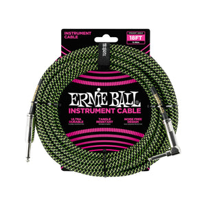Ernie Ball 18ft Braided Straight to Angle Instrument Cable, Black/Green