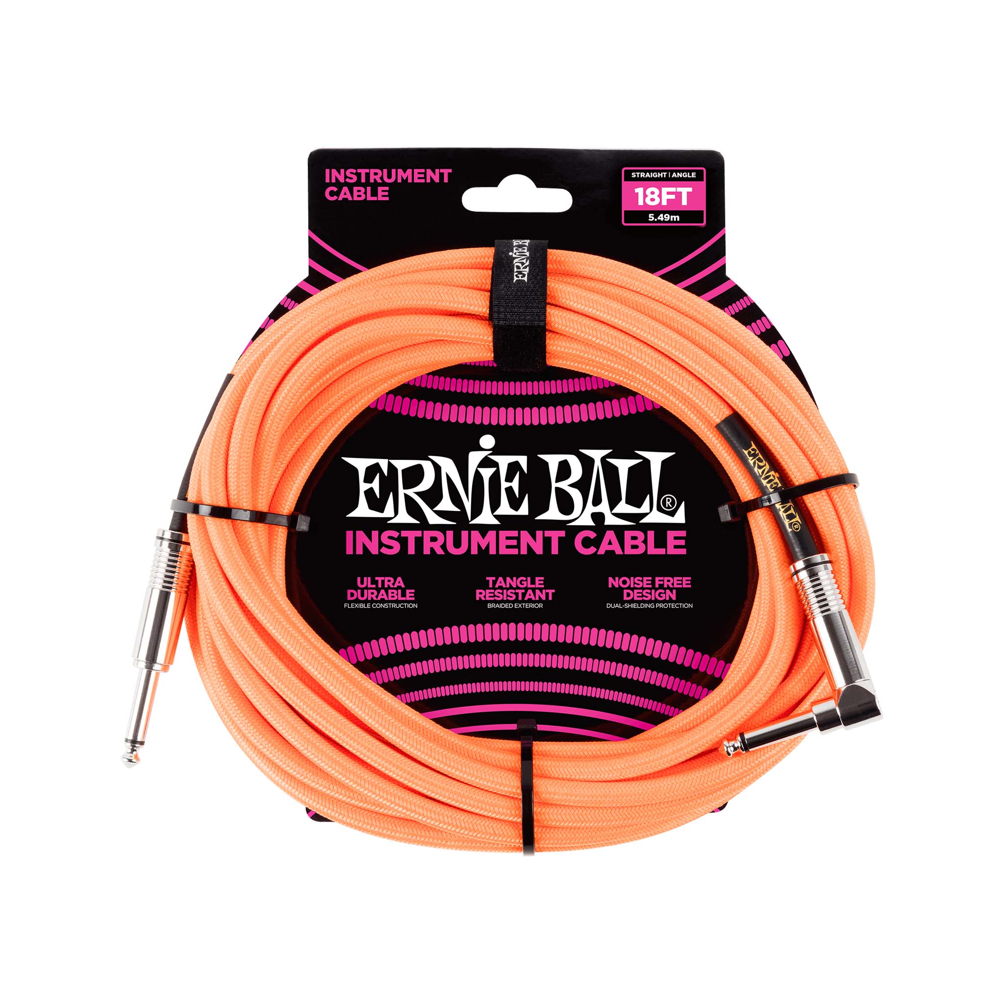 Ernie Ball 18ft Braided Straight to Angle Instrument Cable, Neon Orange