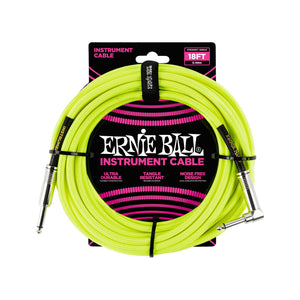 Ernie Ball 18ft Braided Straight to Angle Instrument Cable, Neon Yellow