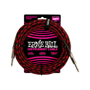 Ernie Ball 25FT Braided Straight to Straight Instrument Cable, Red Black