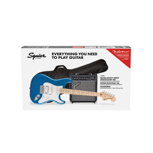 Squier Affinity Series HSS Stratocaster Guitar Pack, Maple FB, Lake Placid Blue, 230V, UK