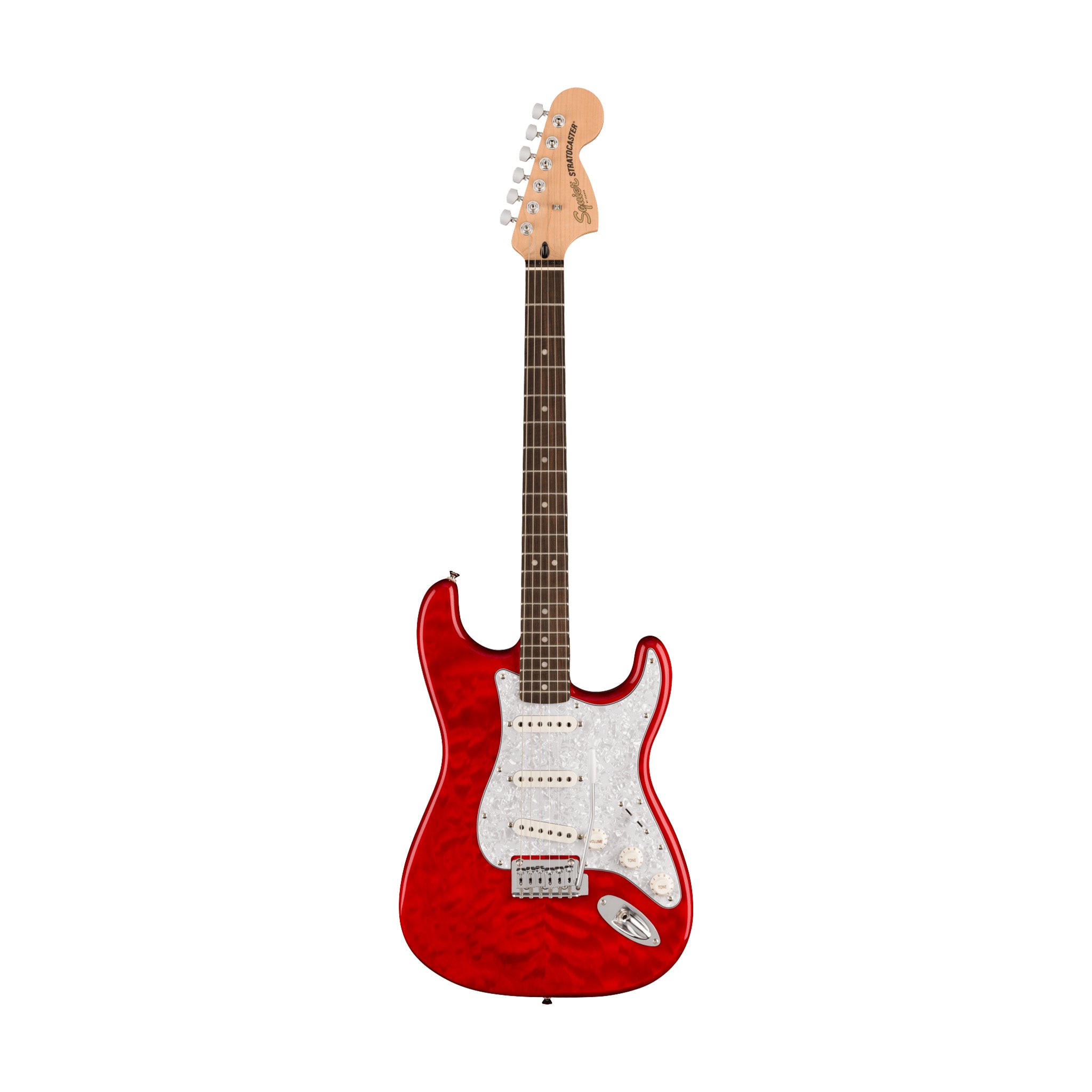 Squier FSR Affinity Series Stratocaster QMT Electric Guitar, Laurel FB, Crimson Red Transparent